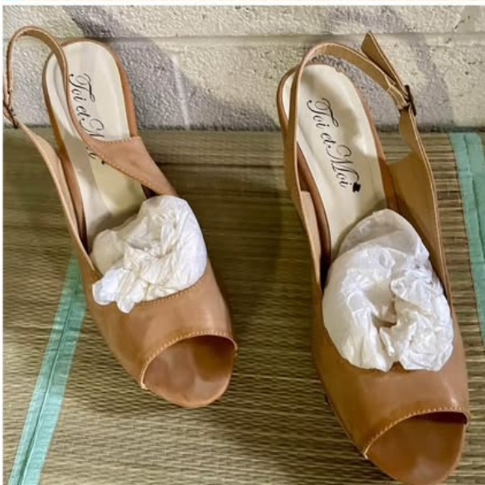 Tan Peep-Toe Slingback Heels